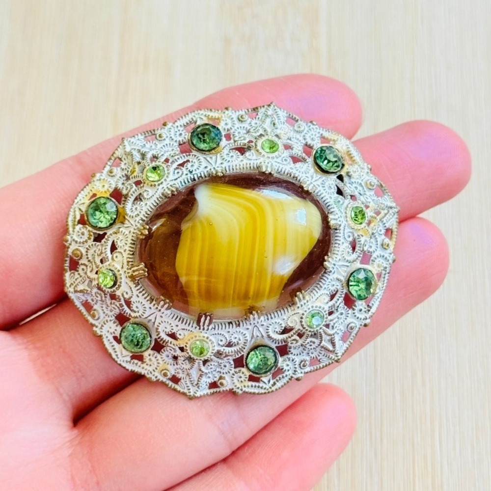 VTG W. Germany Porphyry Glass Pin Rhinestone Enamel Victorian Style Statement